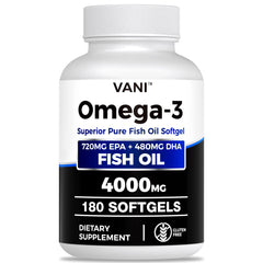 VANI Fish Oil Omega-3 softgels bottle highlights high EPA and DHA for daily brain and heart support.