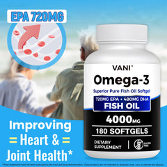 VANI Fish Oil Omega-3 softgels close-up of clear capsules signaling purity.