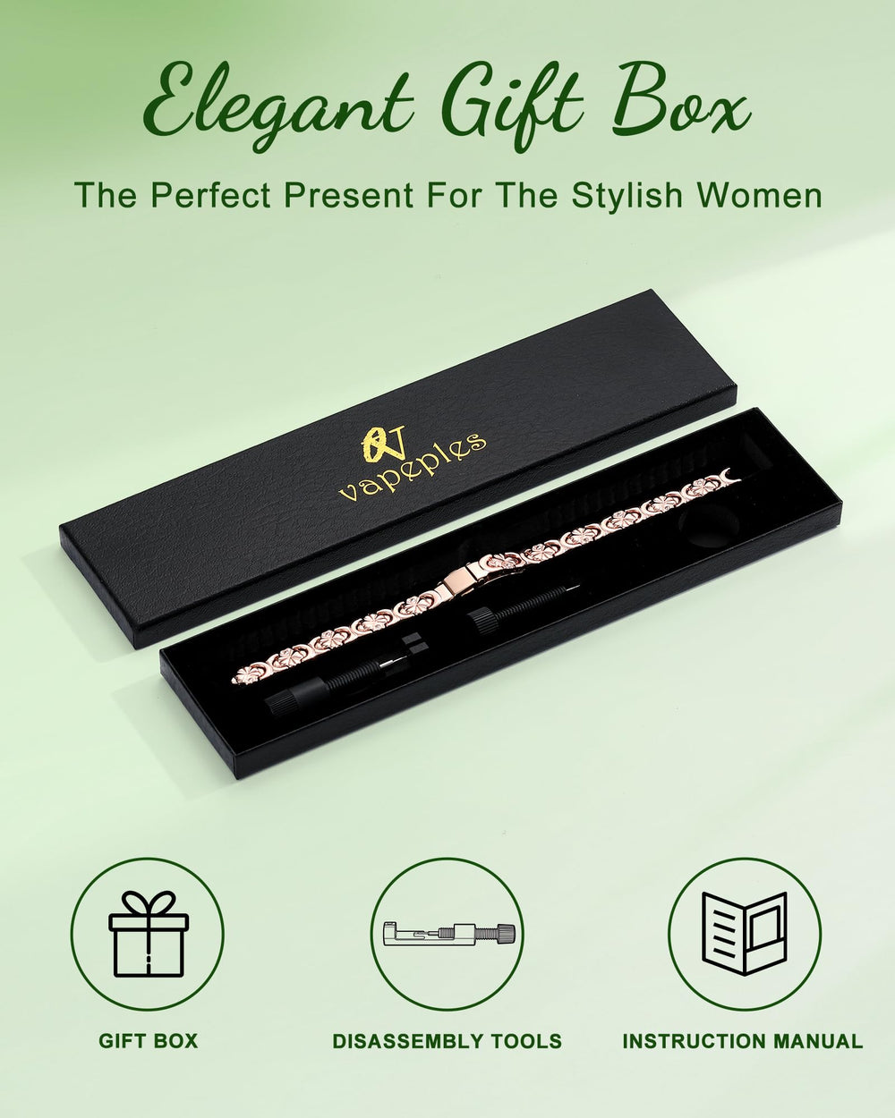 Vapeples copper bracelet gift box packaging with guide and size tool