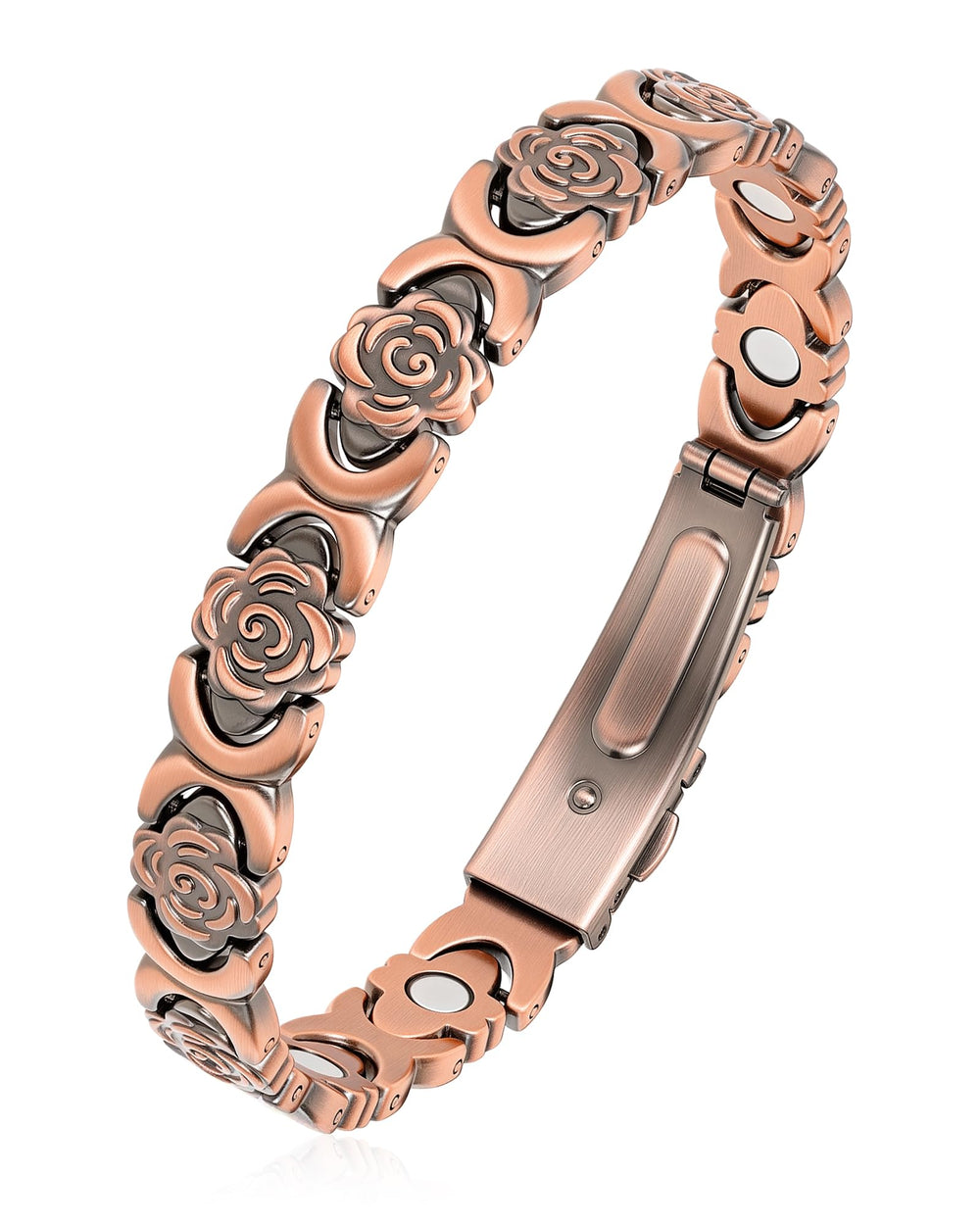 Vapeples copper magnetic bracelet with rose engraving highlights craftsmanship and elegant detail for daily wear.