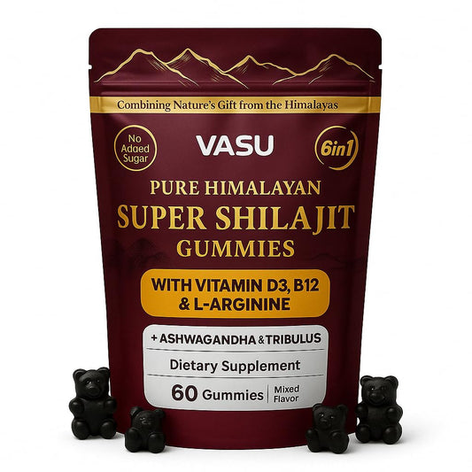 Vasu Shilajit Gummies bottle shows convenient energy support.