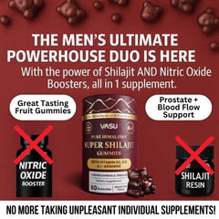 Vasu Shilajit Gummies ingredient panel highlights 6-in-1 blend for vitality.