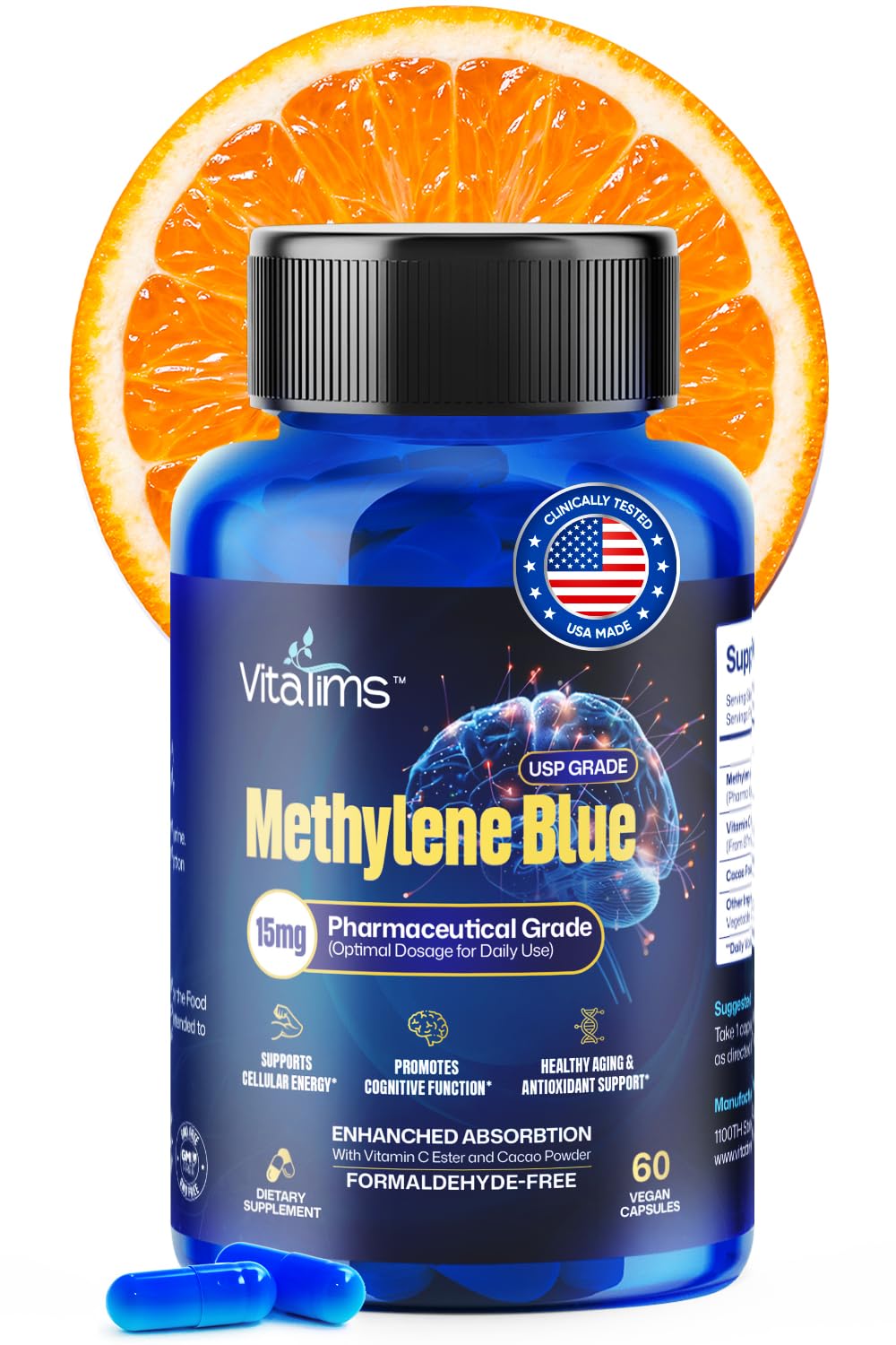 Vitatims Methylene Blue Capsules bottle closeup showing USP-grade purity for reliable daily use