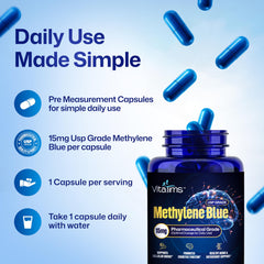 Vitatims Methylene Blue Capsules with organic cacao powder, natural flavonoids in a subtle blend