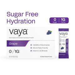 Glass of grape electrolyte water prepared with Vaya packets