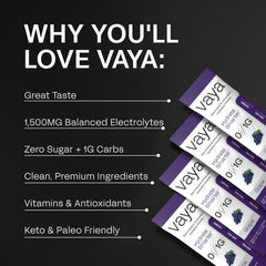 Vaya grape electrolyte packets pouring into water for instant hydration