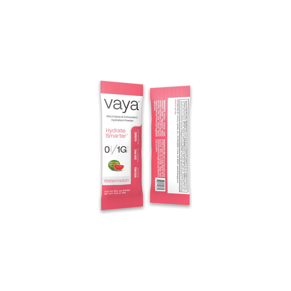 Vaya sugar-free electrolyte packets Watermelon lab-certified USA-made label visible.