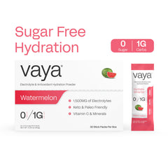 Vaya sugar-free electrolyte packets Watermelon with a measuring spoon demonstrating precise dosing.
