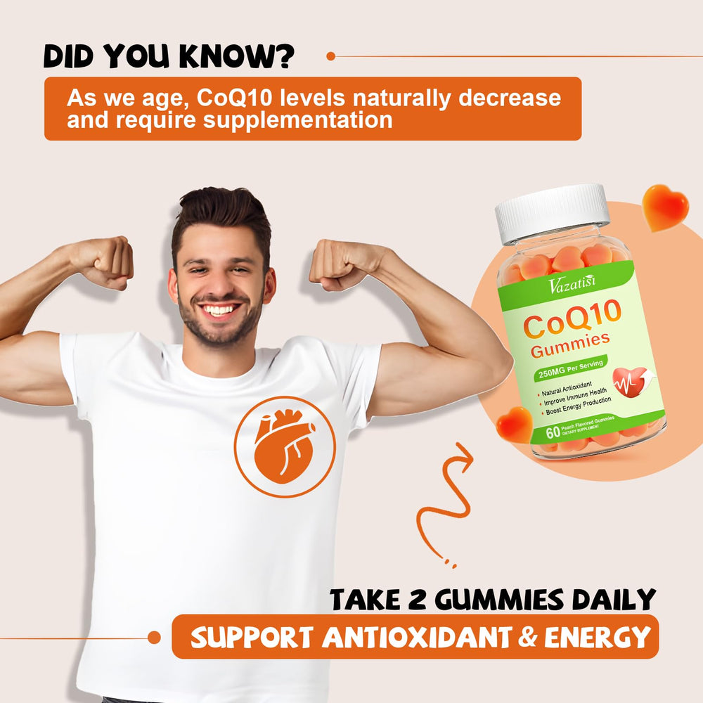 Back label of Vazatisi CoQ10 Gummies highlights 5x absorption claim.