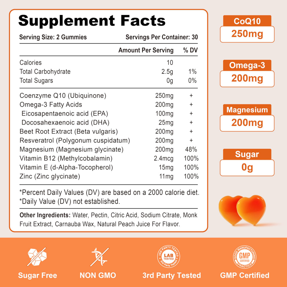Close-up of Vazatisi CoQ10 Gummies showing peach chews for daily wellness.