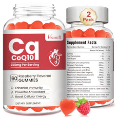 Vazatisi CoQ10 Gummies bottle shows raspberry flavor for convenient daily energy support