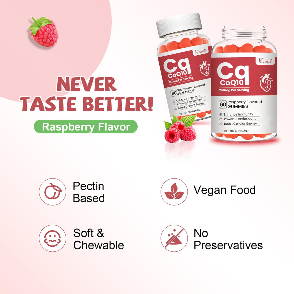 Vazatisi CoQ10 Gummies raspberry flavor closeup displays chewy texture