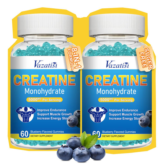 Vazatisi Creatine Gummies blue bottle for convenient daily energy support.