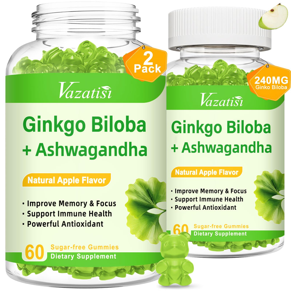 Vazatisi Ginkgo Biloba Gummies bottle shown for focus support and flavor appeal.