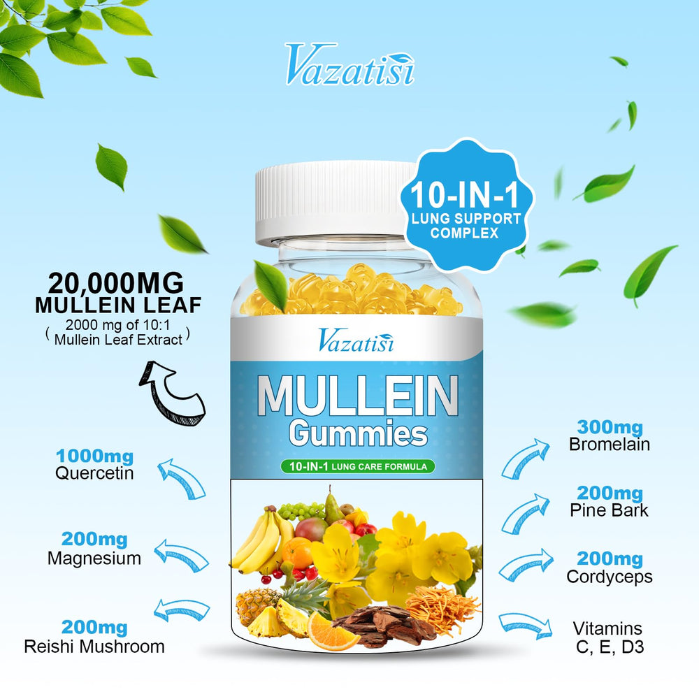 Vazatisi Mullein Gummies ingredients close-up shows the 10-in-1 blend.