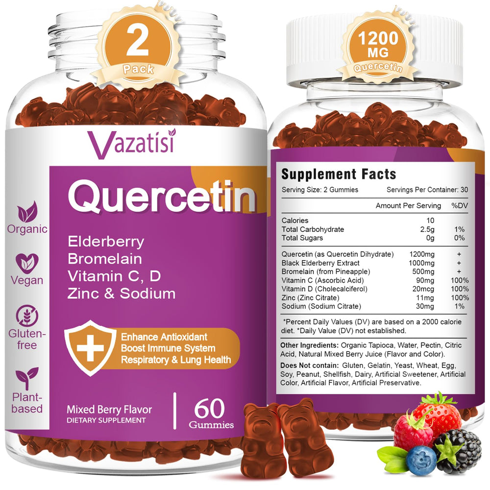 Vazatisi Quercetin Gummies bottle front with mixed berry flavor for daily immune support.