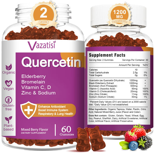 Vazatisi Quercetin Gummies bottle front with mixed berry flavor for daily immune support.