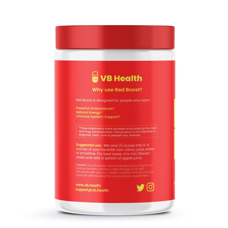 VB Health Red Boost being poured into a glass for a refreshing shake.