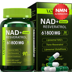 VCBIRD liposomal NAD+ with Resveratrol bottle highlighting high-absorption formula for energy.