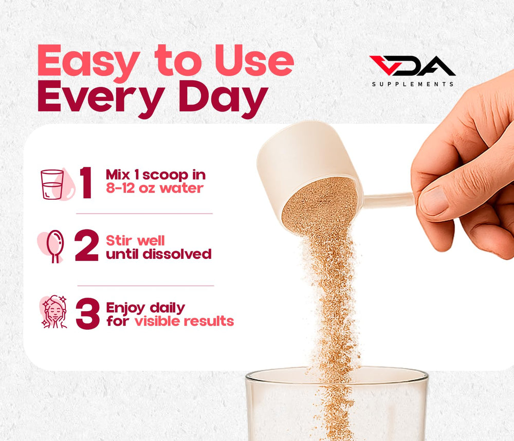 VDA Supplements bottle with label close-up highlighting caffeine-free formula.