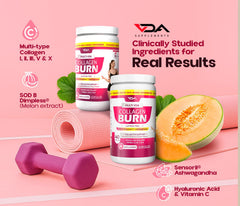 VDA Supplements multi-type collagen bottle label shows types I, II, III, V, X for comprehensive support.