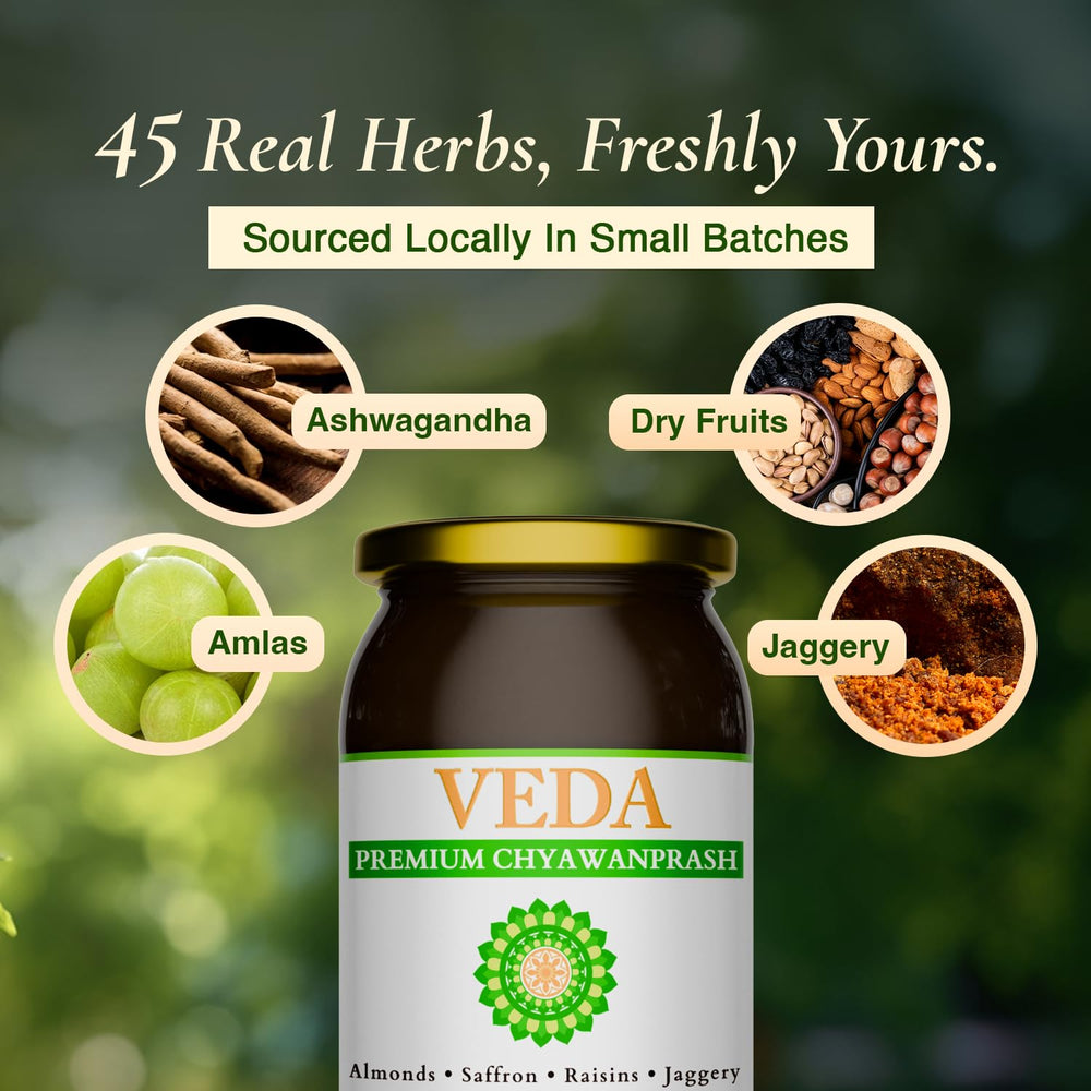 VEDA Premium Chyawanprash almonds and saffron swirl suggesting nourishing indulgence