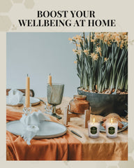 Veda Tinda Scent home décor setup with beeswax candles for relaxing ambiance.