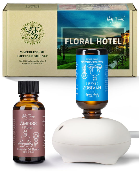 Veda Tinda Scent hotel diffuser oil bottle pour showcasing aroma-ready setup
