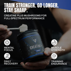 VEDGE Creatine+ powder poured into a glass for quick mixability during workouts.