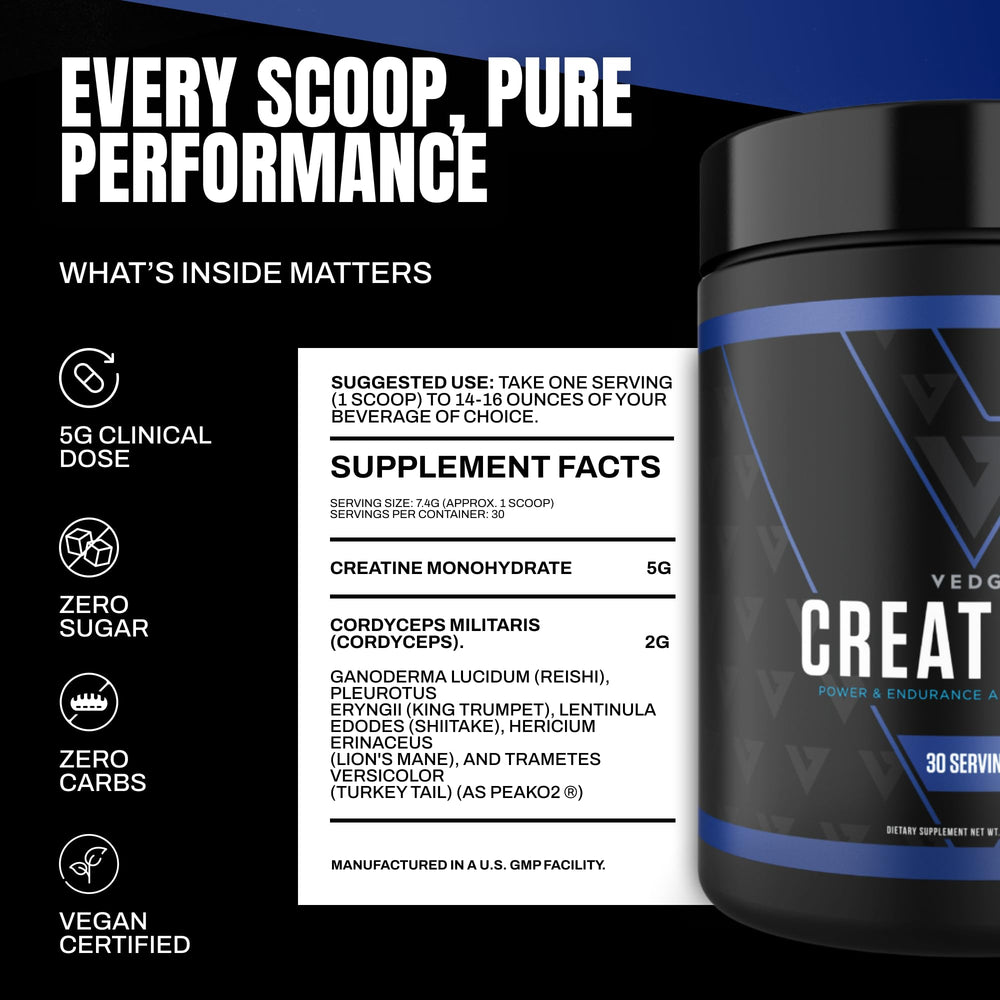 VEDGE Creatine+ unflavored powder close-up shows versatile mixing with drinks.