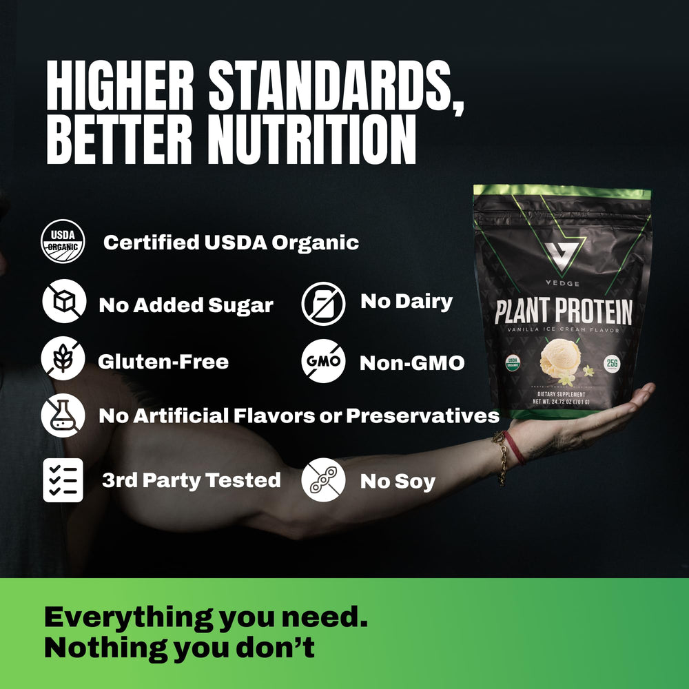 VEDGE organic certifications badge USDA Organic label on clean plant protein