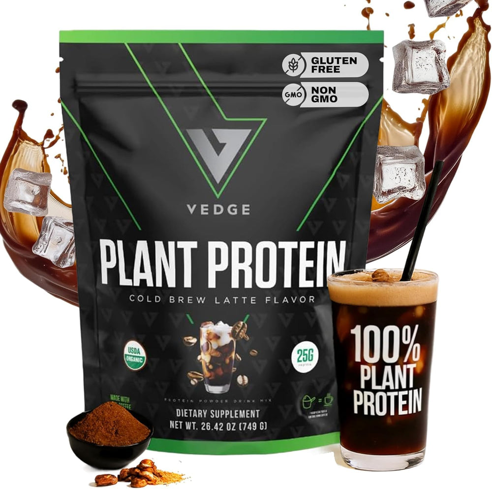 VEDGE vegan protein powder cold brew latte tub, rich plant protein for daily activity