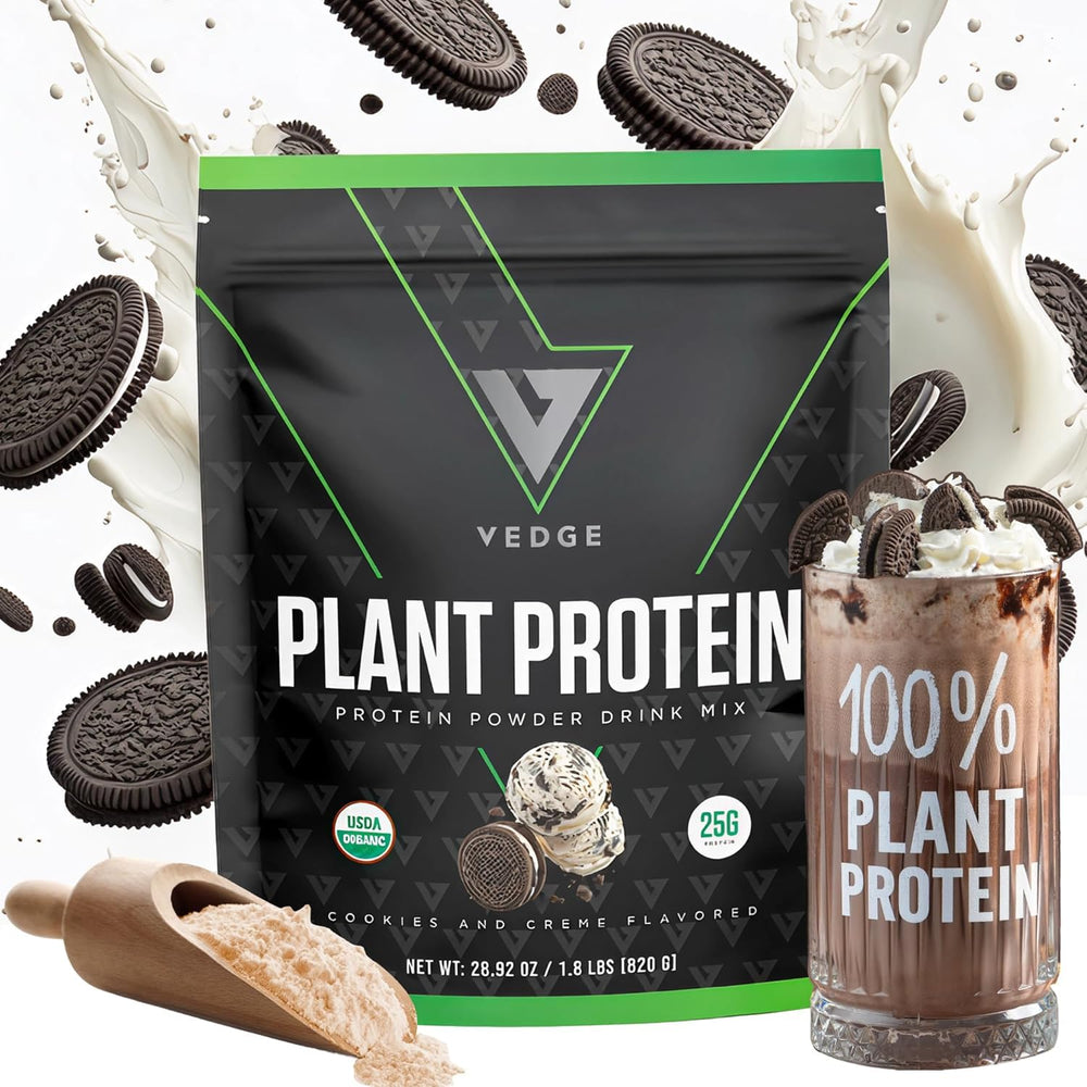 VEDGE Cookies and Creme vegan protein powder tub for post-workout refuel