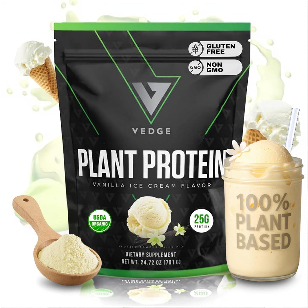 VEDGE vegan protein powder tub vanilla showing plant-based protein for daily energy and recovery