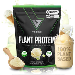 VEDGE vegan protein powder tub vanilla showing plant-based protein for daily energy and recovery
