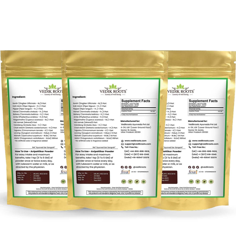 VEDIKROOTS Avipattikar Churna dry powder in bowl for mixing water