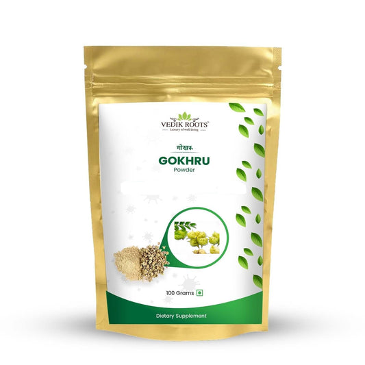 Vedikroots Gokhru Powder packaging closeup highlighting a natural herbal supplement for urinary balance.