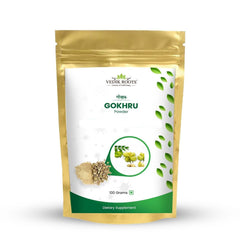 Vedikroots Gokhru Powder packaging closeup highlighting a natural herbal supplement for urinary balance.