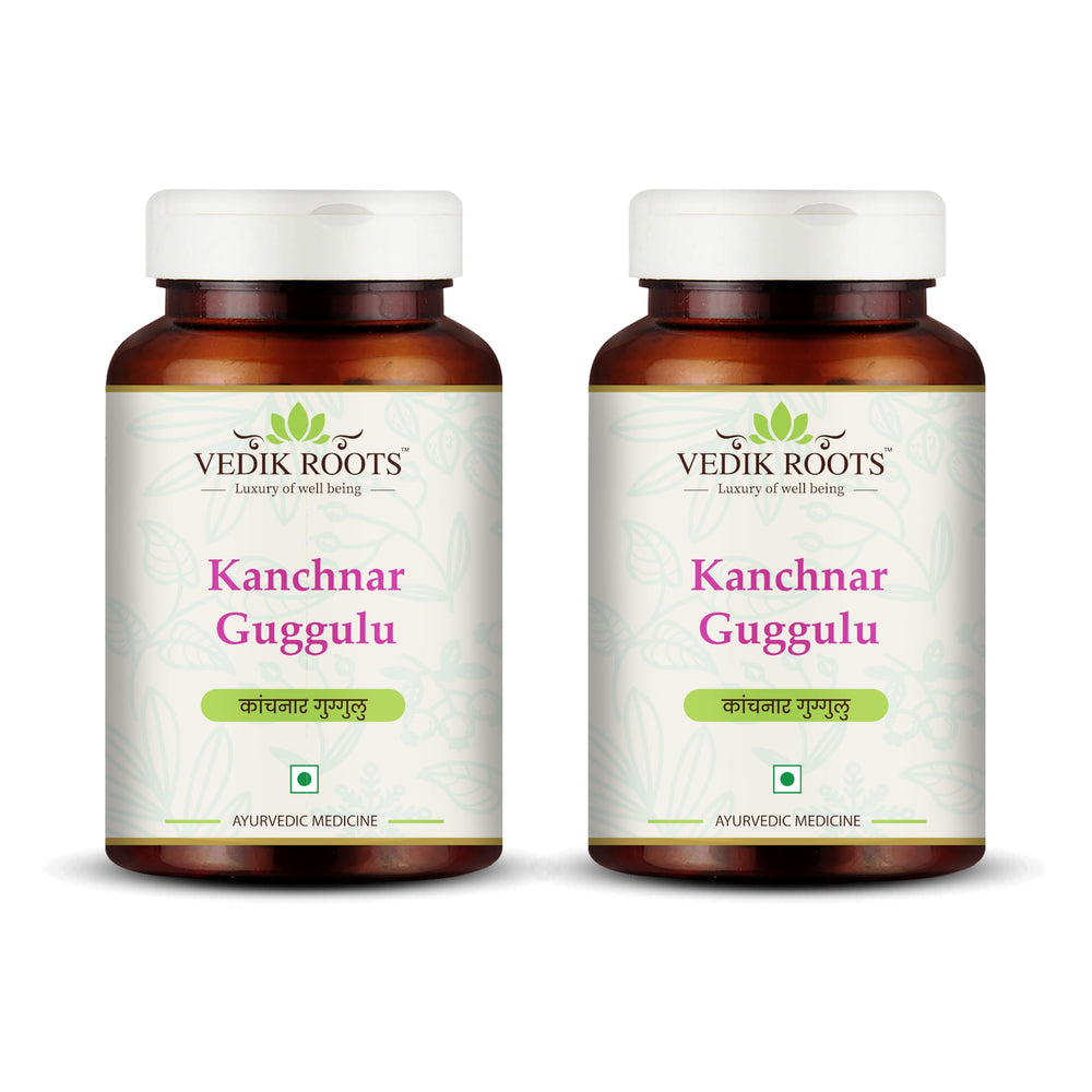 VEDIKROOTS Kanchnar Guggulu bottle and tablets, showcasing the thyroid support formula.