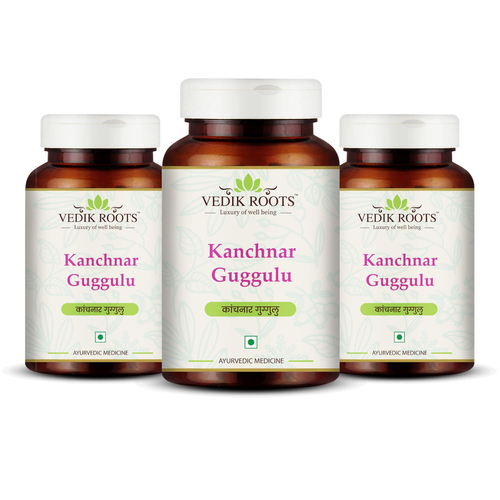 Vedikroots Kanchnar Guggulu bottle showing traditional Ayurvedic formula for thyroid support