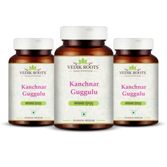 Vedikroots Kanchnar Guggulu bottle showing traditional Ayurvedic formula for thyroid support