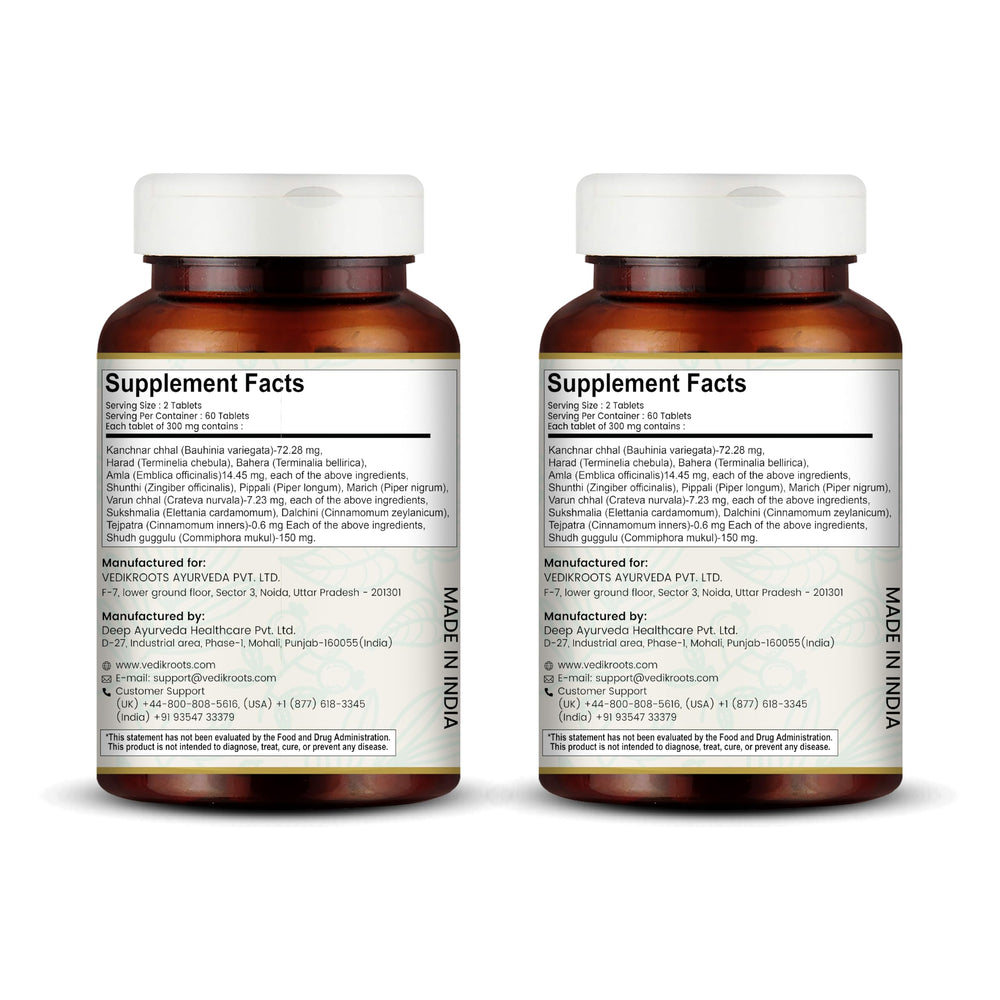 Vedikroots Kanchnar Guggulu herbal blend shown as natural wellness ingredients.