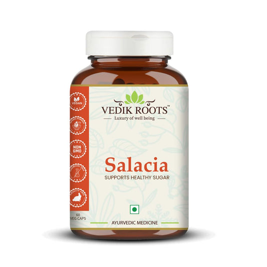 VEDIKROOTS Salacia capsules bottle ready for daily wellness routine.