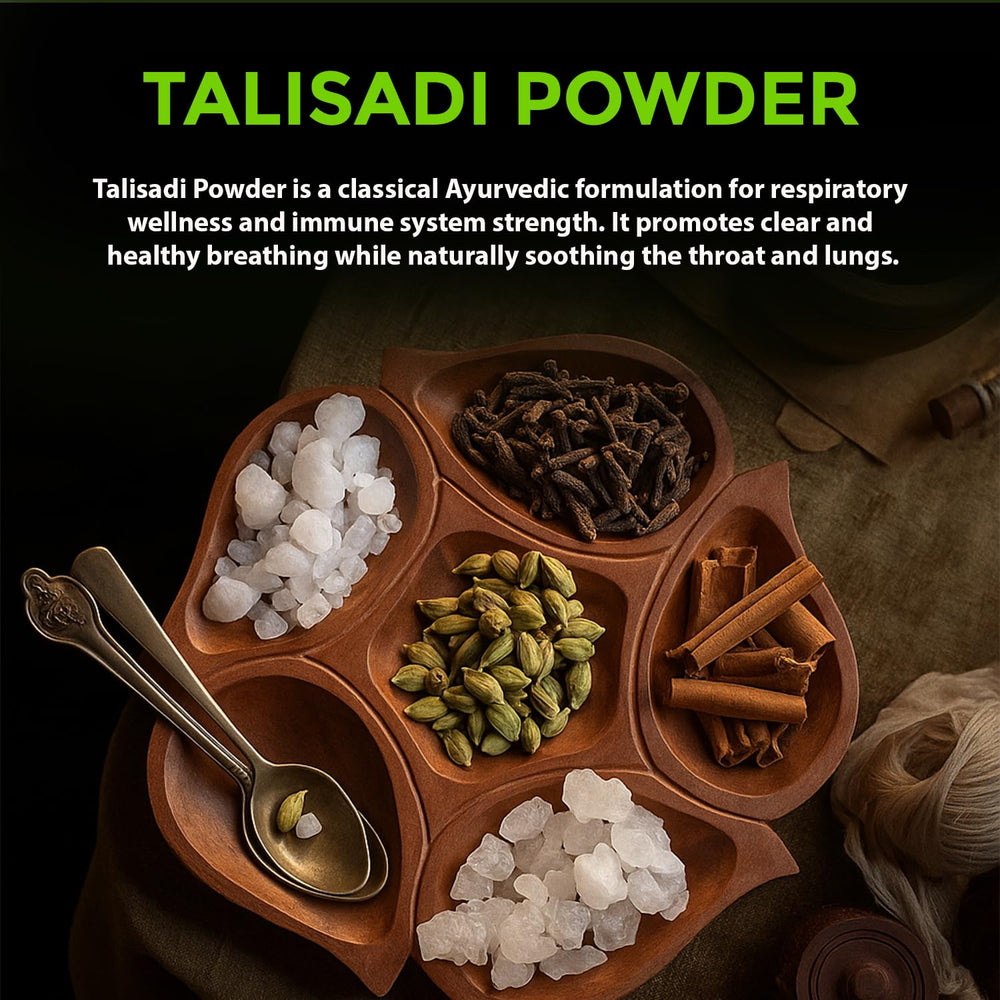 VEDIKROOTS Talisadi herbal blend ingredients close-up, emphasizing traditional ayurvedic roots and aromas.