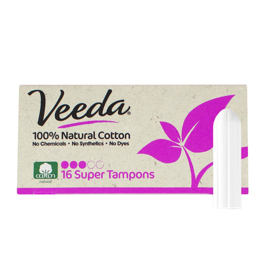 Veeda tampons 100% natural cotton pack showing non-applicator design for comfort