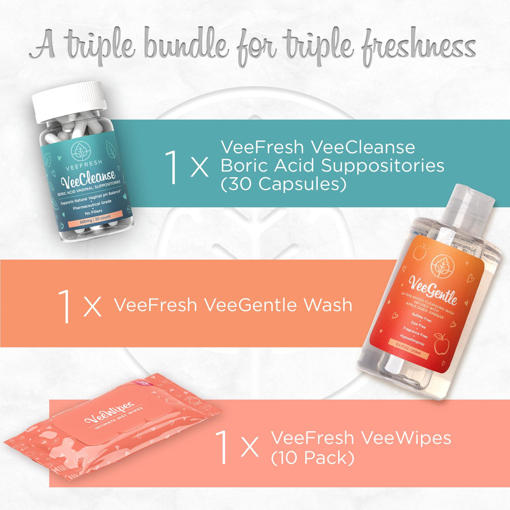 VeeFresh compact travel set for discreet intimate hygiene on the move.