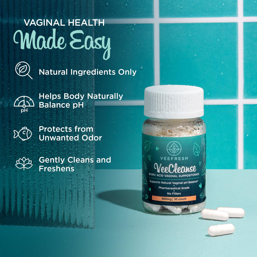 VeeFresh VeeCleanse boric acid suppositories box-front highlights safe, easy daily use.