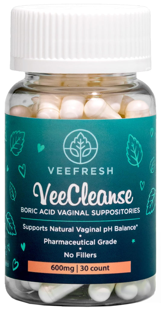VeeFresh VeeCleanse boric acid suppositories pack supports daily vaginal wellness.