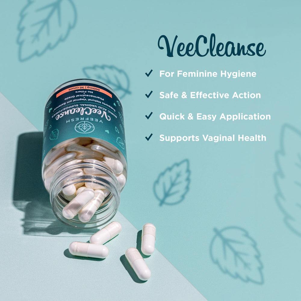 VeeFresh VeeCleanse boric acid suppositories tube shows convenient, on-the-go pH balance support.