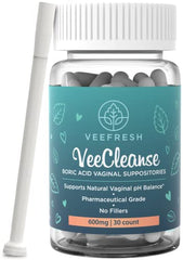 VeeFresh VeeCleanse bottle shown for daily vaginal health support and balance.
